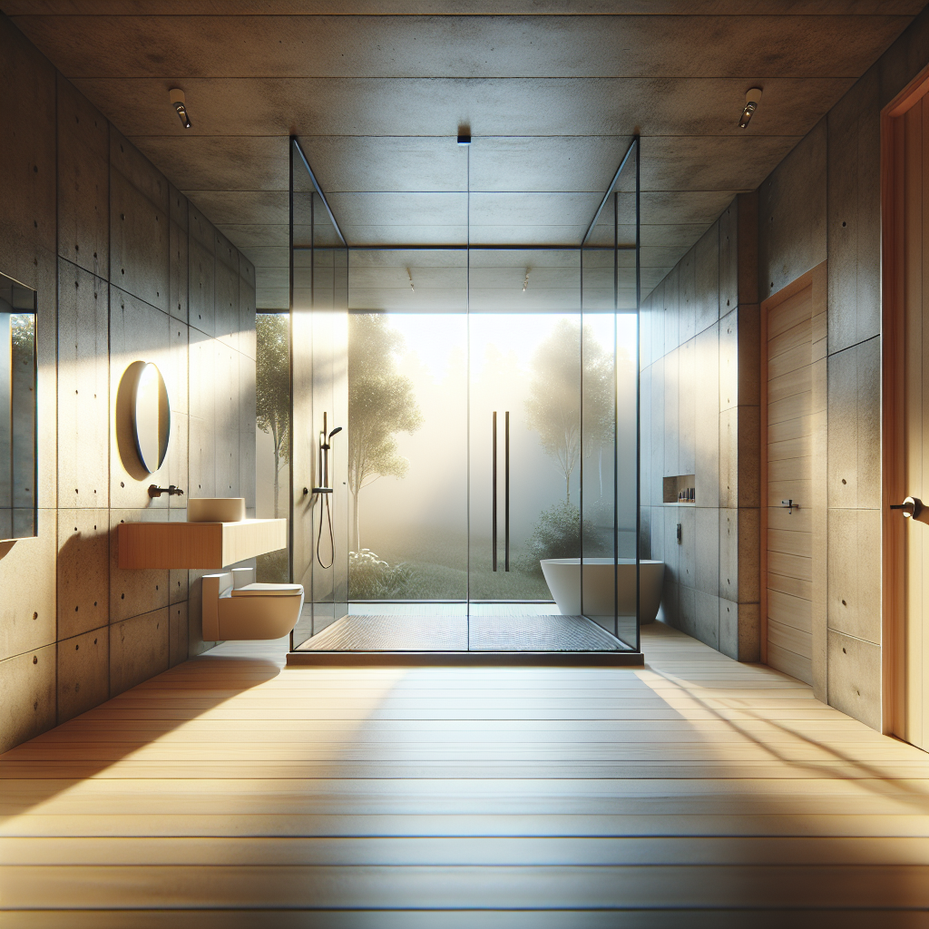 =Pivot glass shower door installation with sleek modern aesthetic.