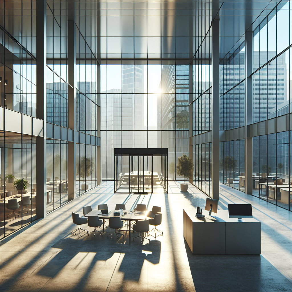 =Glass partitions provide privacy while allowing natural light to flow freely throughout the space, creating an open feel without sacrificing practicality.