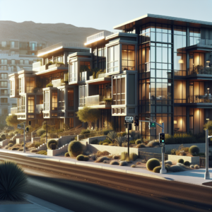 Photo-realistic residential window tinting installation with desert landscape reflection.