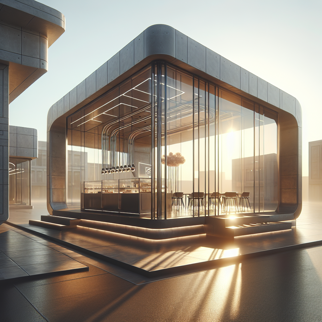 Photo-realistic tempered glass storefront with aluminum frame and silicone seams, reflecting natural light.