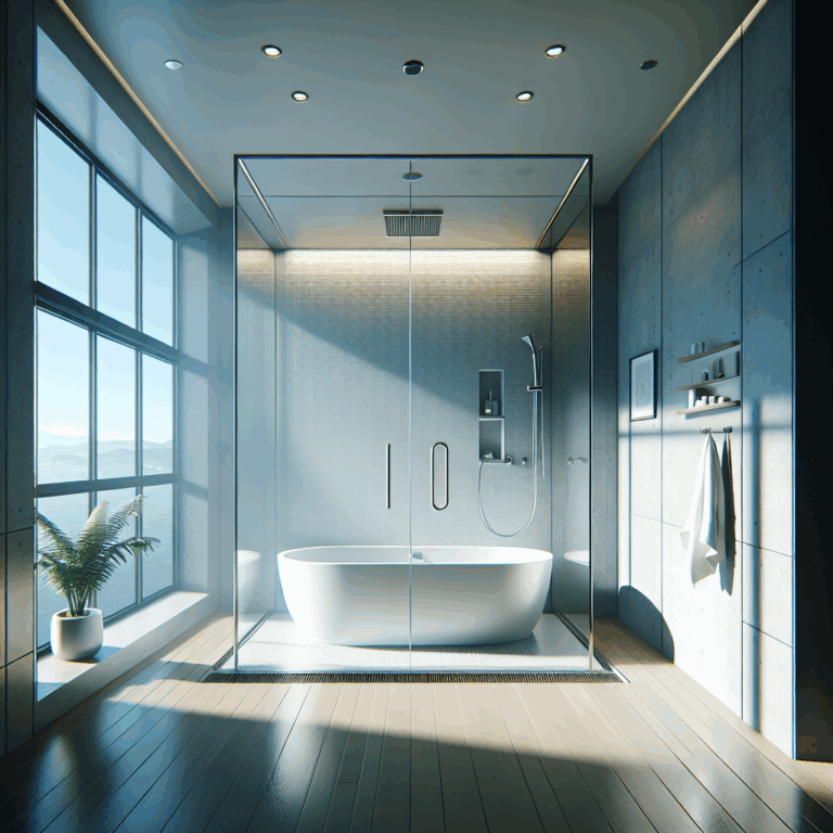 Photo-realistic glass shower installation with tempered glass, silicone seams, aluminum frame, and lifelike reflections and light.