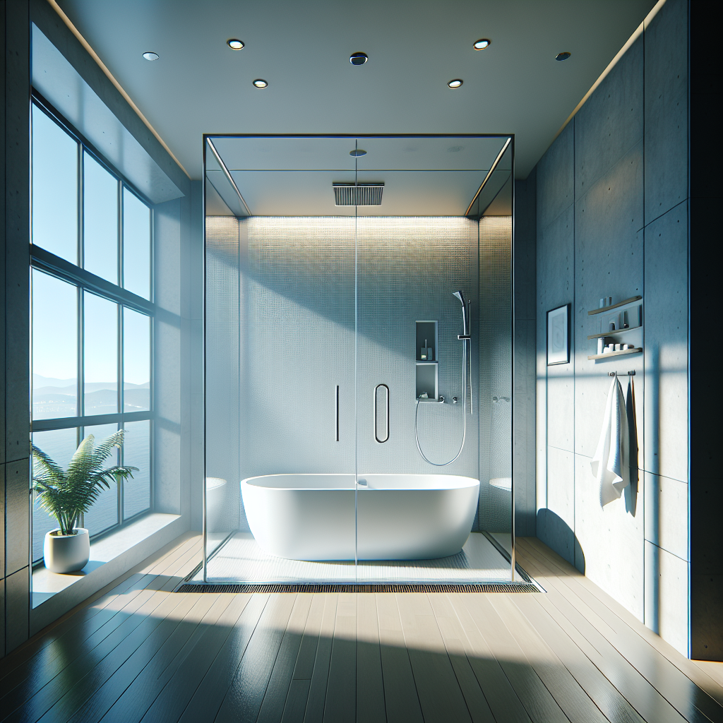 Photo-realistic glass shower installation with tempered glass, silicone seams, aluminum frame, and lifelike reflections and light.