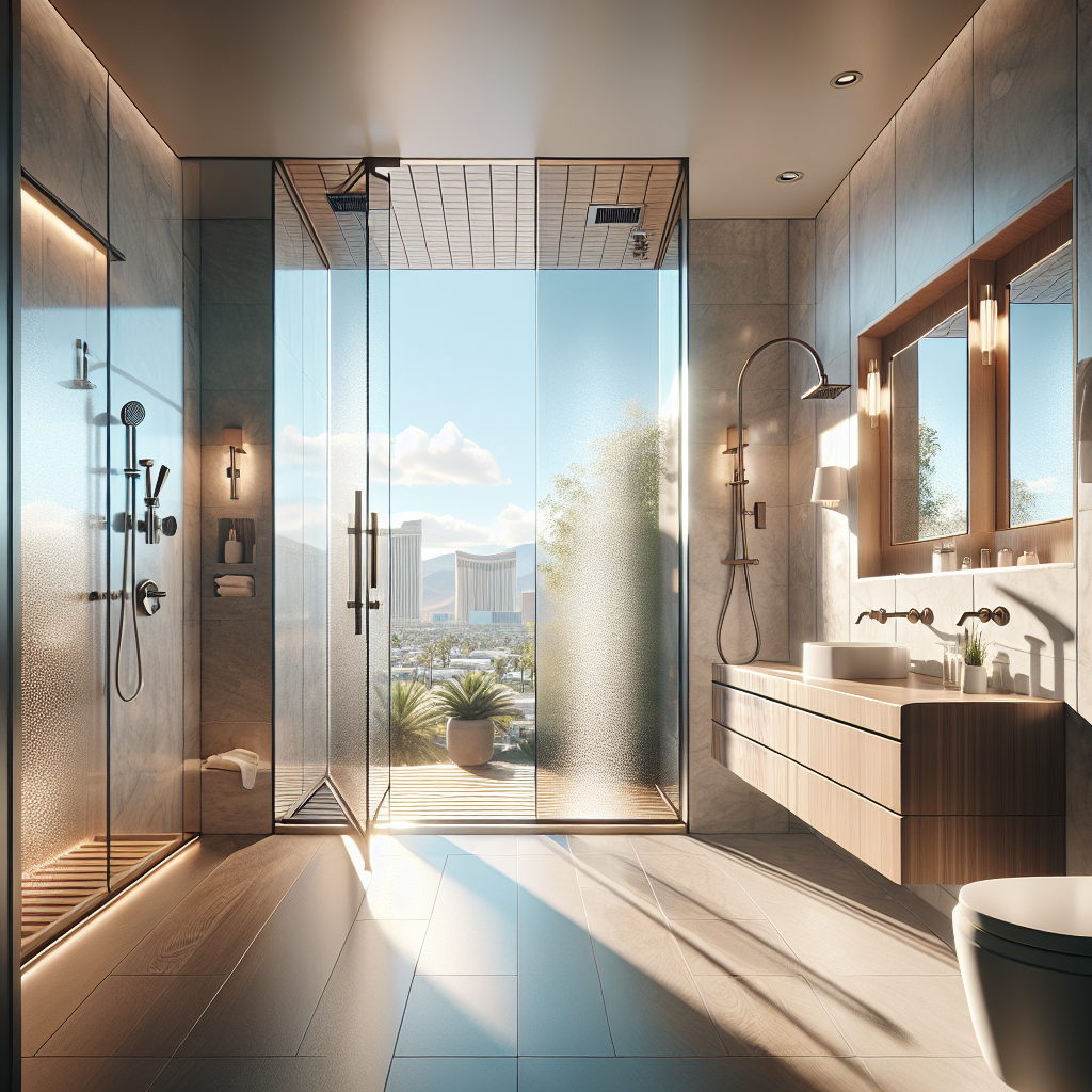 Stunning, water-spot-resistant semi-frameless shower door installation in Las Vegas 89101 by Silver State Glass & Mirror.