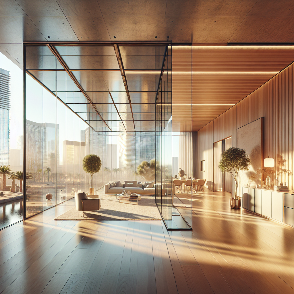 Photo-realistic glass room divider with tempered glass, silicone seams, and aluminum frame. Reflects light and surroundings for a natural look.