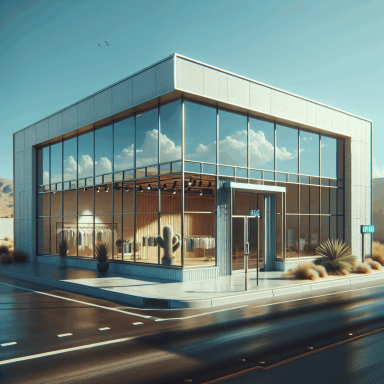 Photo-realistic glass storefront with silicone-seamed tempered glass and aluminum frame.