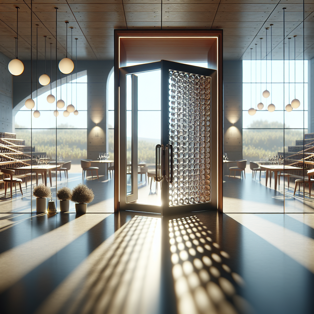 Photo-realistic glass wine room door installation with aluminum frame and tempered glass, offering elegance and durability.