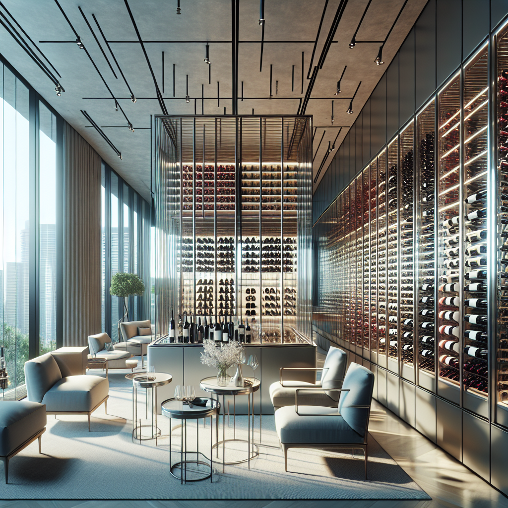 Realistic wine room glass wall system with aluminum frame and tempered glass panels in Las Vegas.