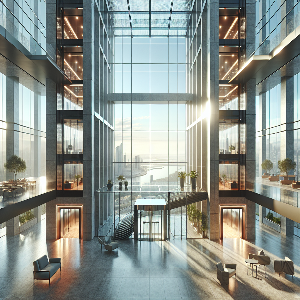 =Glass elevator interior with natural lighting; spacious and modern design.
