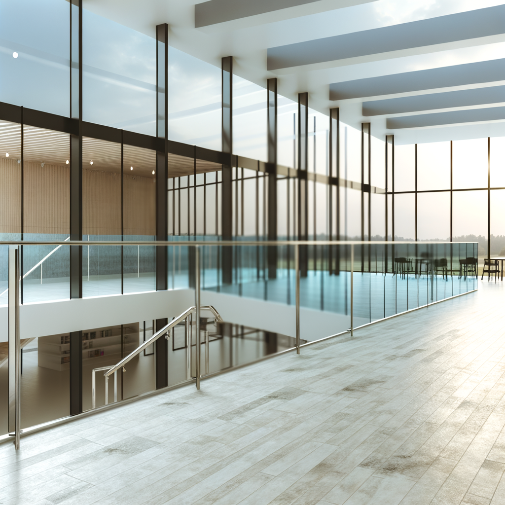 =Laminated glass railings in a modern office setting.