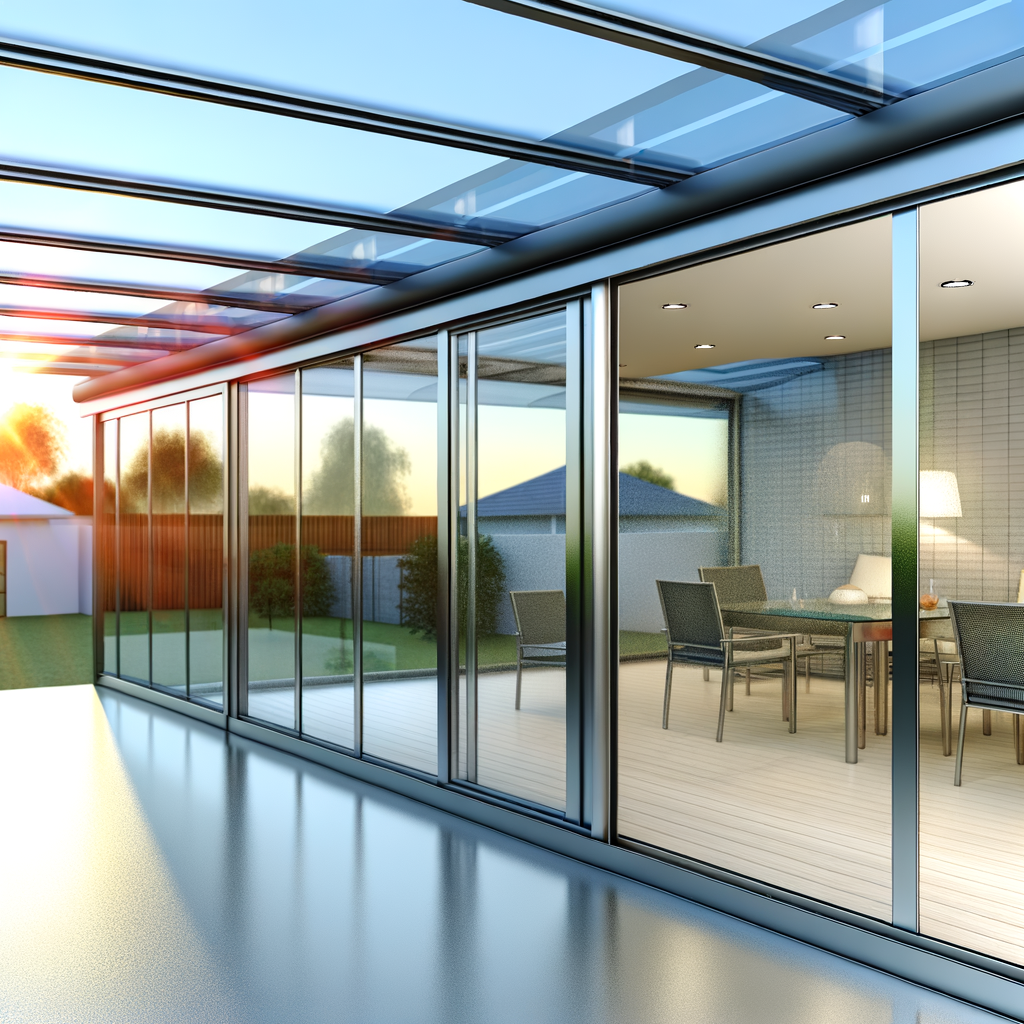 =Glass patio enclosure with chairs and plants.