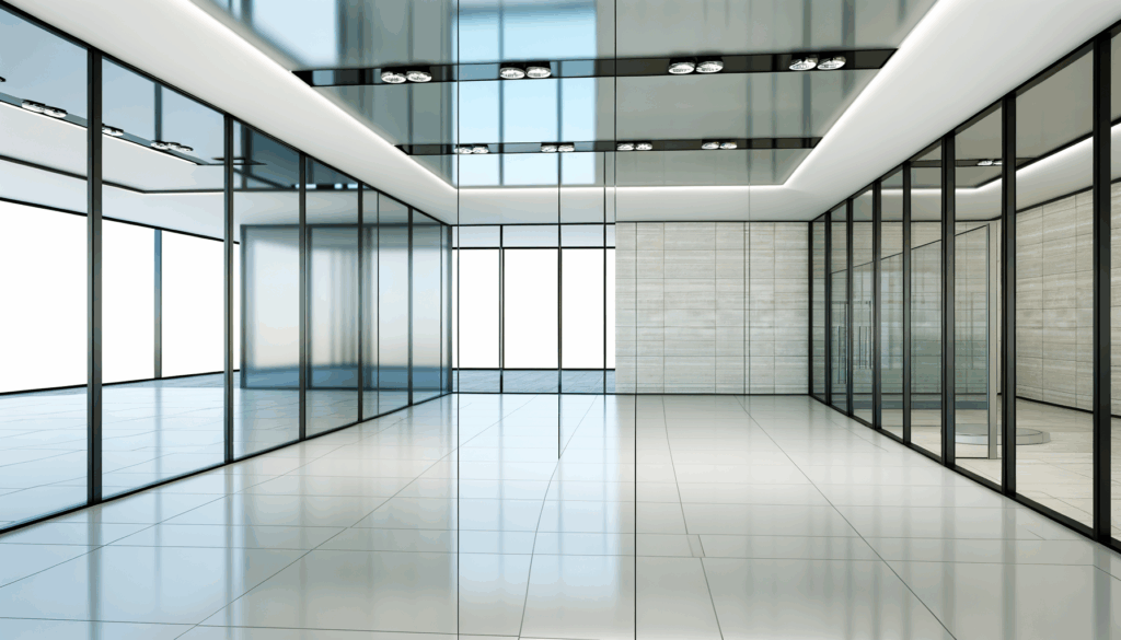 =Fireproof glass panels in a modern office space