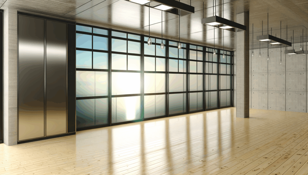 =Fire-rated glass window installation in a modern office.