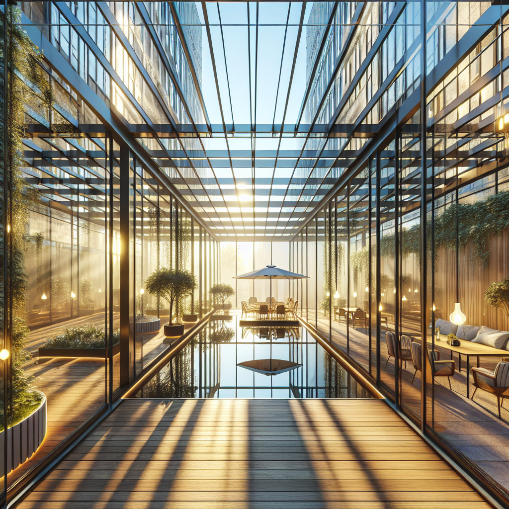 =Sophisticated glass pergola with natural light.