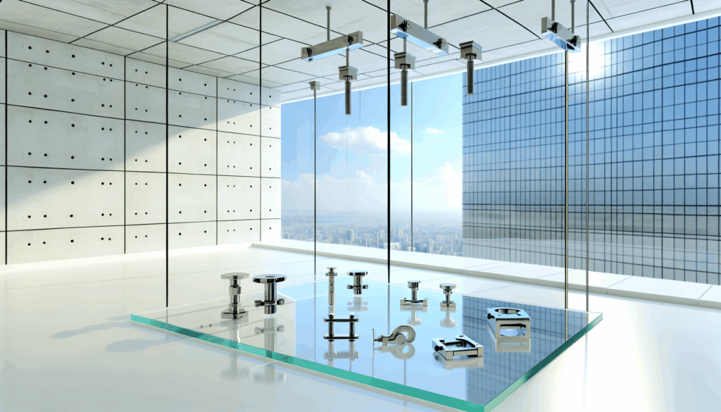 =Glass clamps and connectors in use.