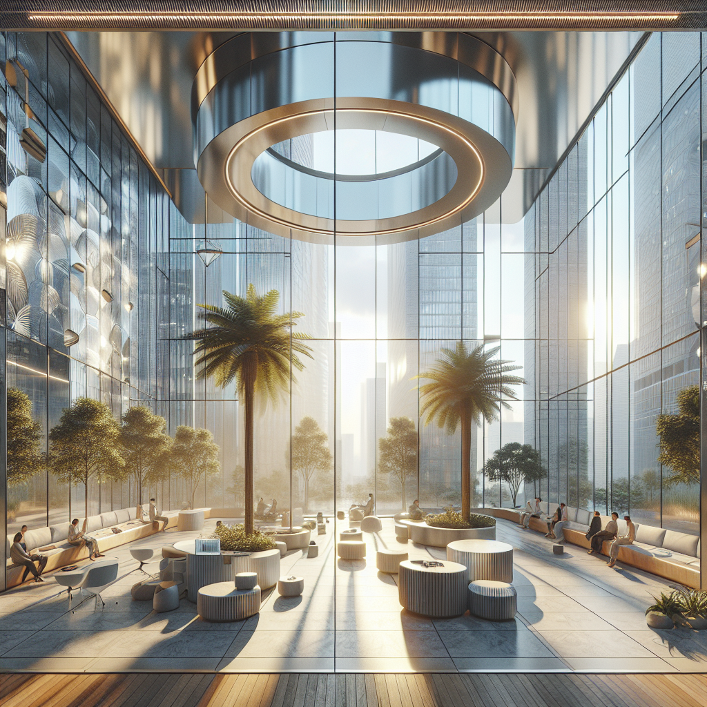 =Electrochromic privacy glass in office setting with natural light and modern design.