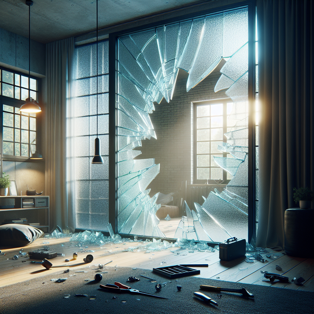 =Shattered window glass needing replacement.