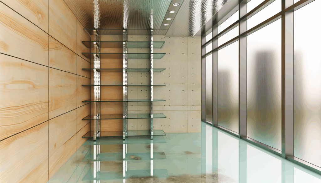=Commercial glass shelving system in a retail store.