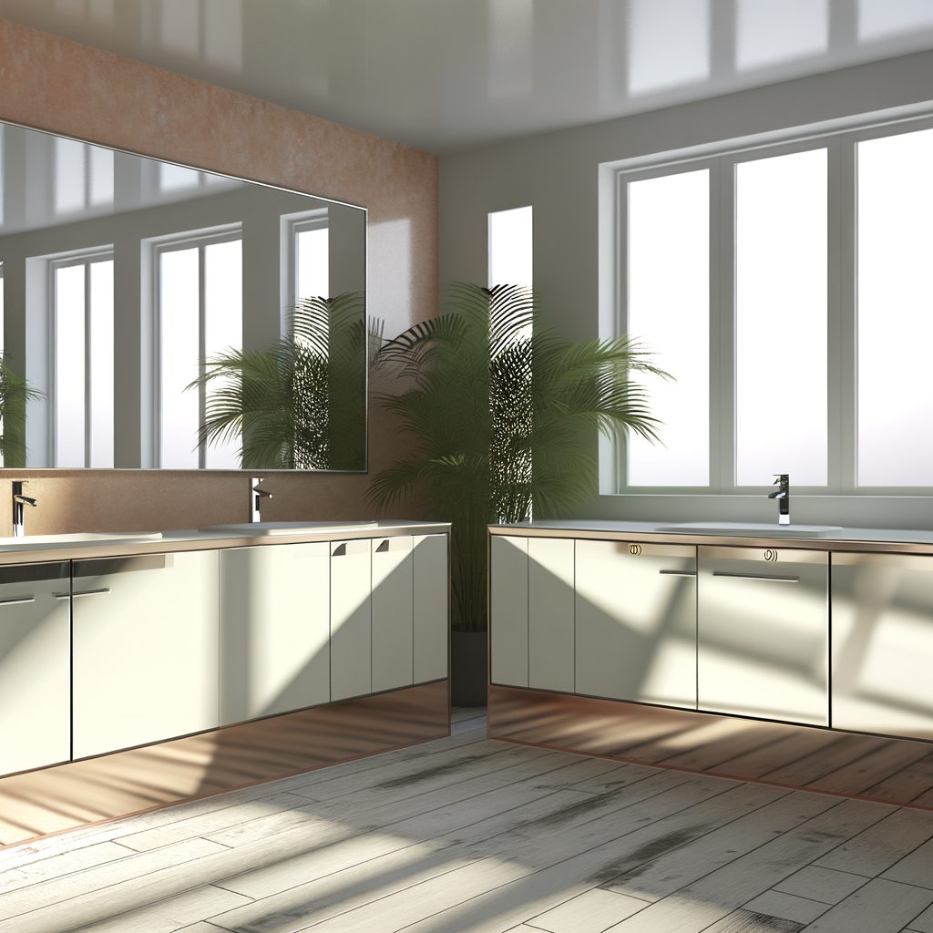 =Mirrored bathroom vanity cabinet with lighting and decorative objects.