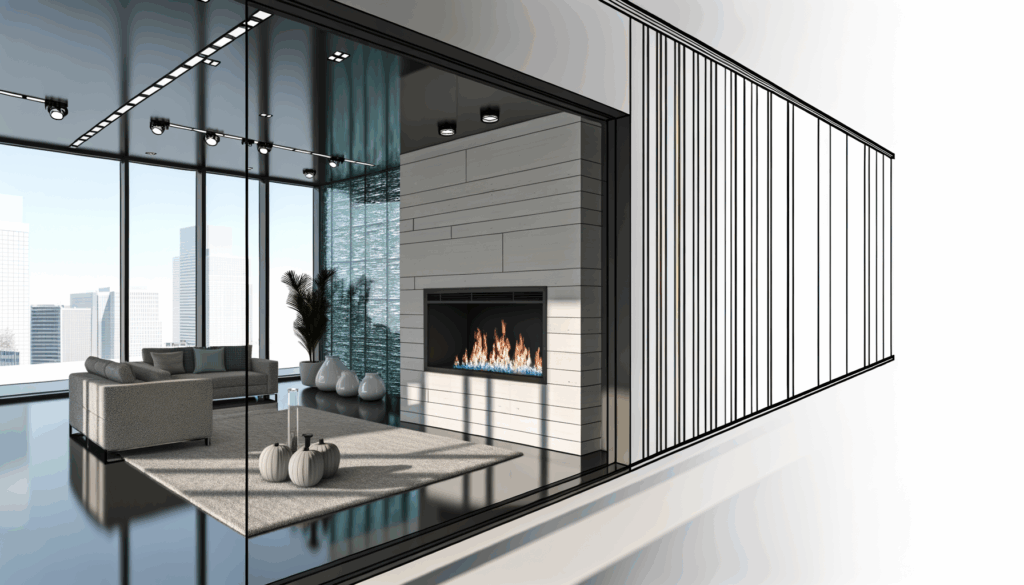 =Glass fireplace doors in a well-lit room with modern decor.