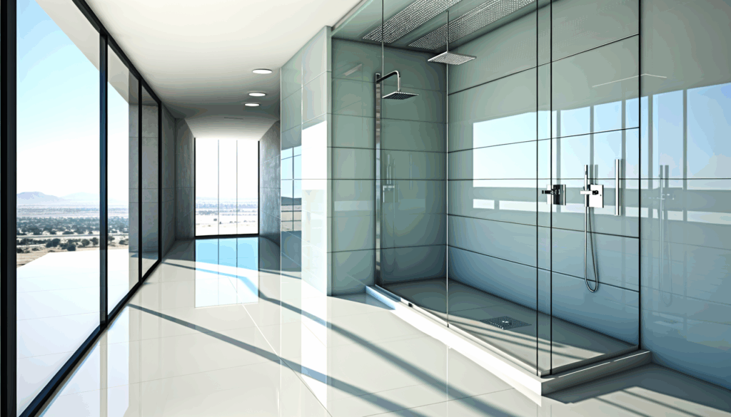 =Sleek, modern curbless glass shower system installed by Silver State Glass.