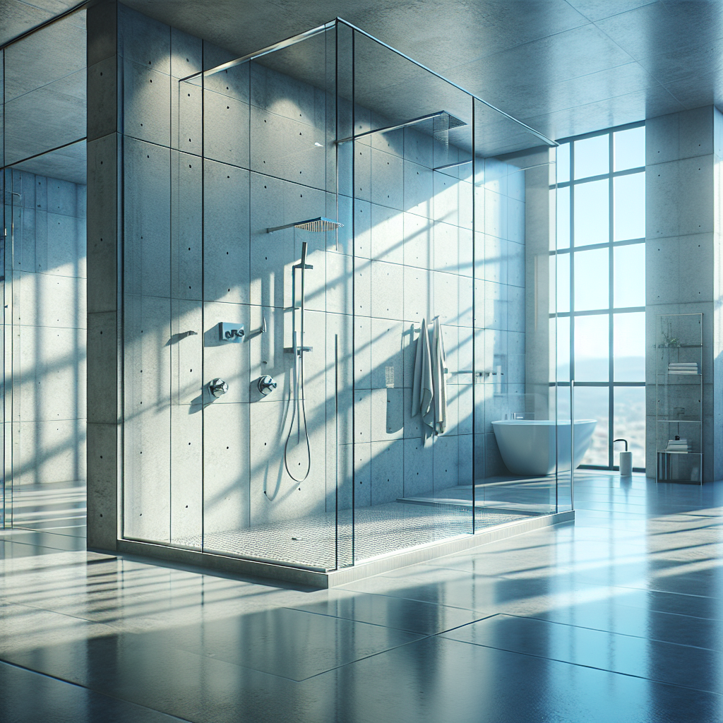 =Curbless glass shower system installation with sleek modern aesthetic.