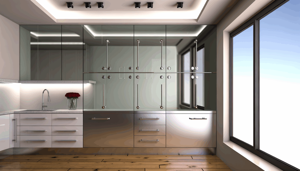 =Custom glass cabinet door installation showcasing elegant, efficient design.