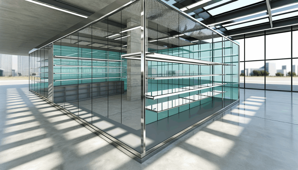 =Custom glass shelving installation for businesses.