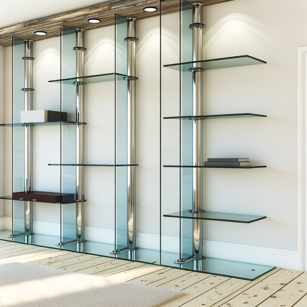 =A photo of a custom glass shelving installation in a home environment.