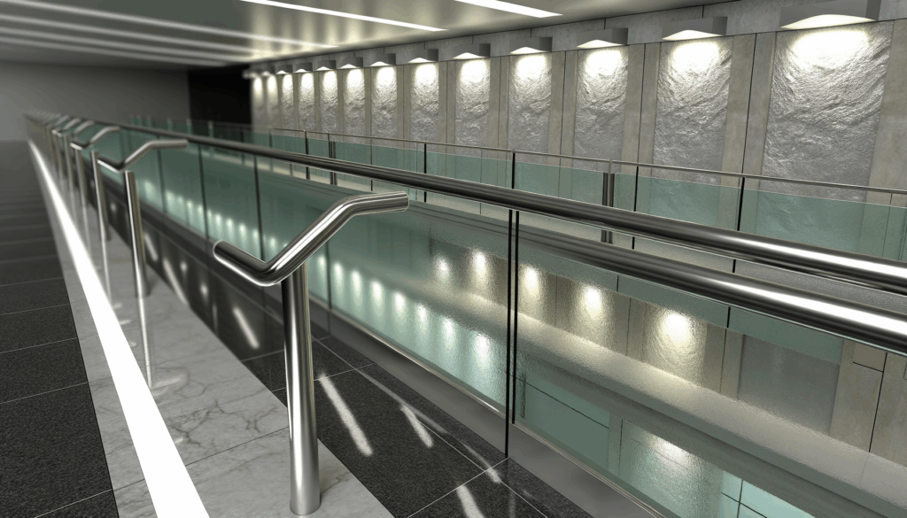 =An image of sleek, durable glass handrails installed in a modern interior space.