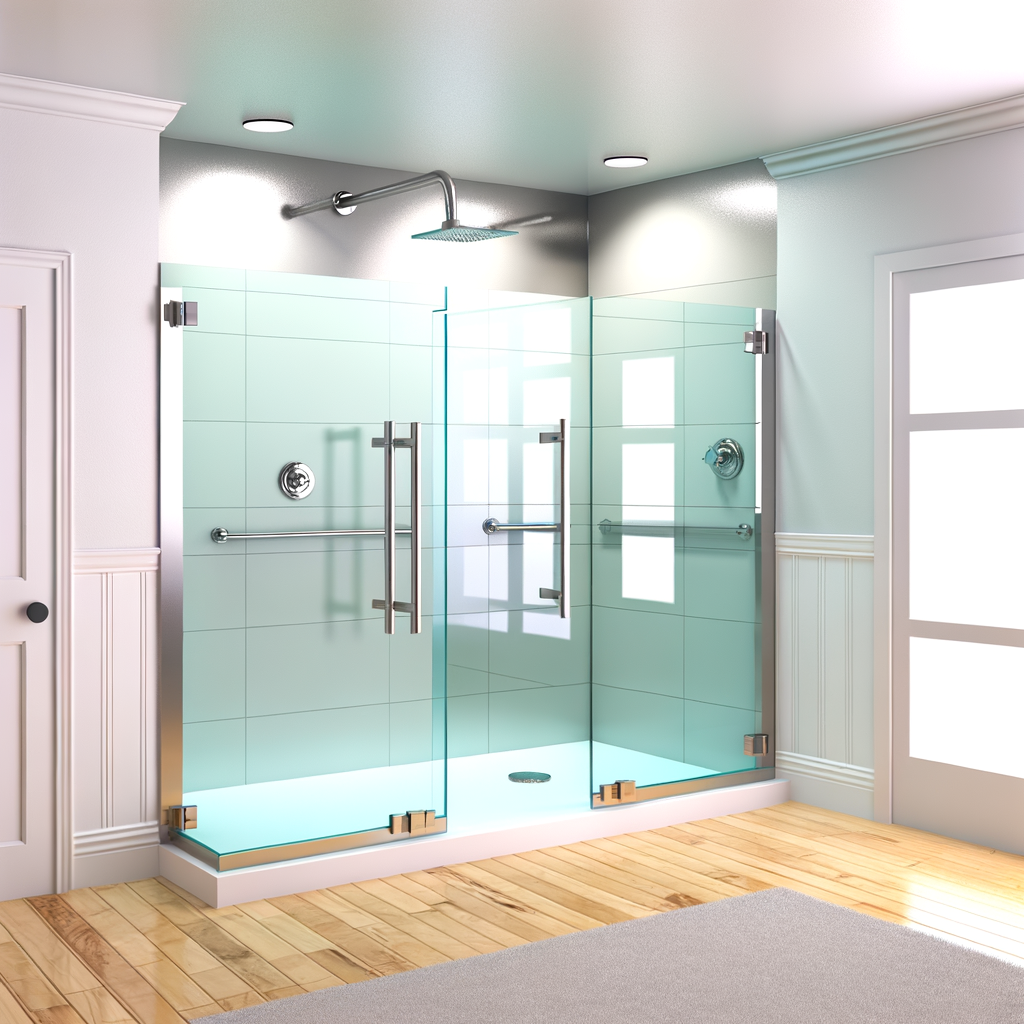 =Modern bathroom with semi-frameless shower door, white fixtures, and sleek finishes.