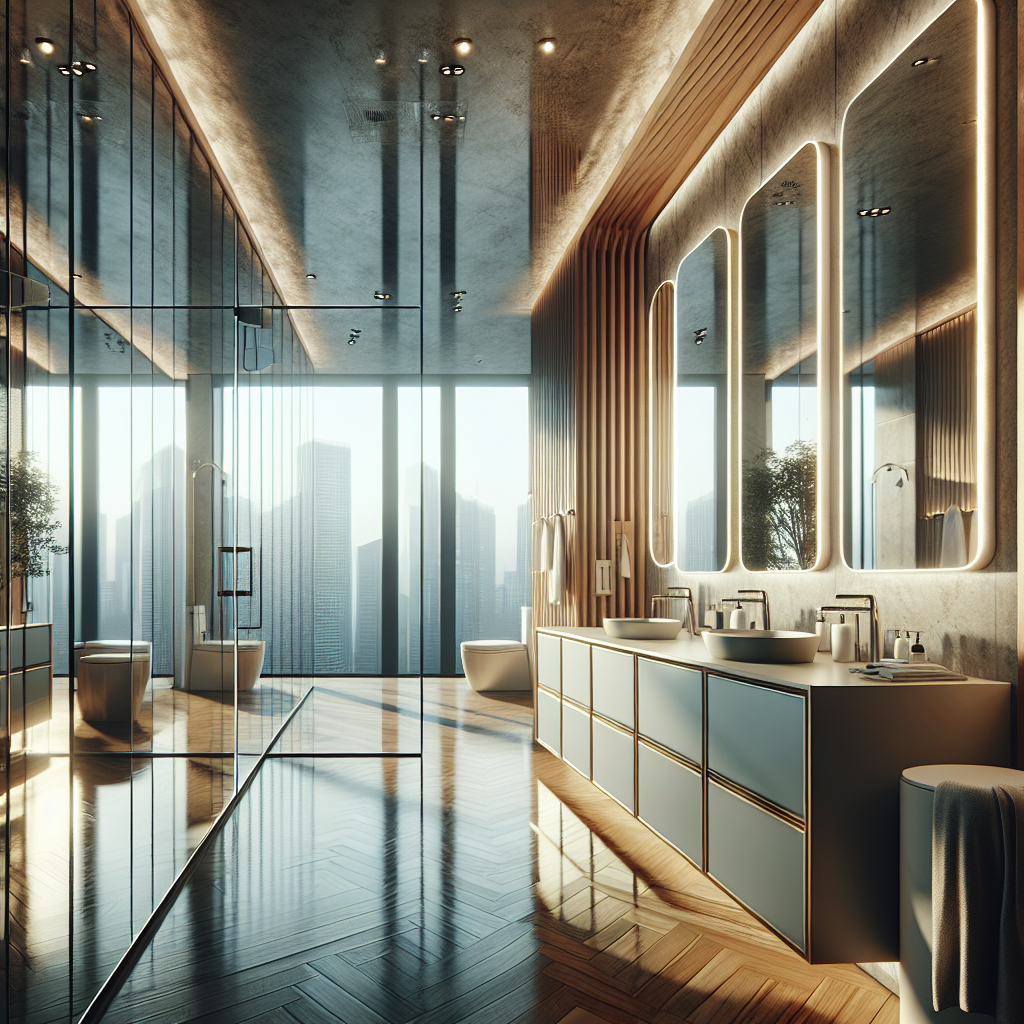 =Elegant mirrored bathroom vanity cabinets in a well-lit, modern restroom with impeccable craftsmanship.