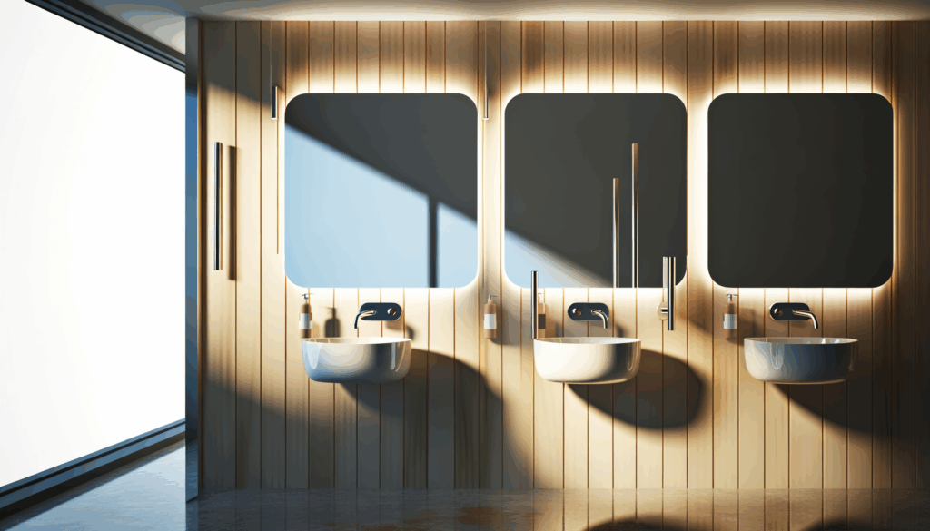 =Minimalist frameless wall-mounted bathroom mirror.