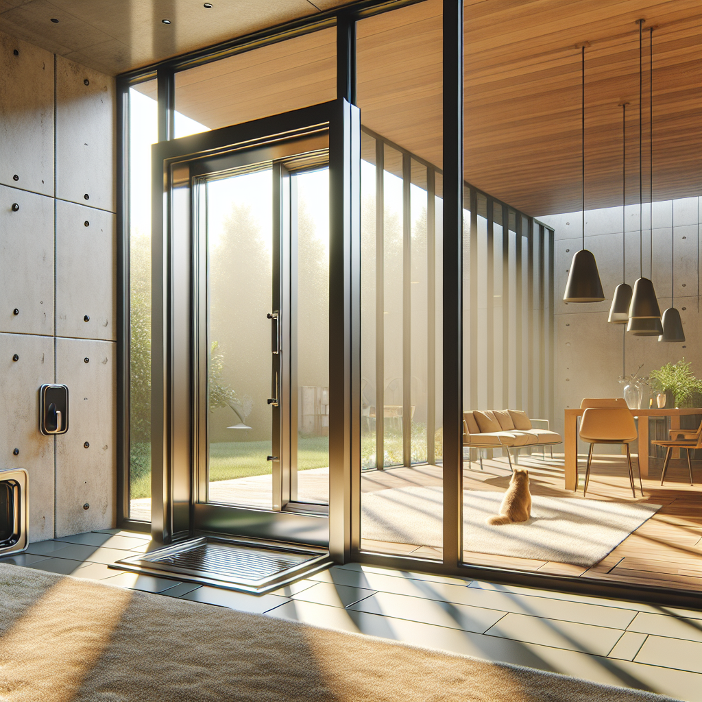 =Sliding glass pet door with dog entering.