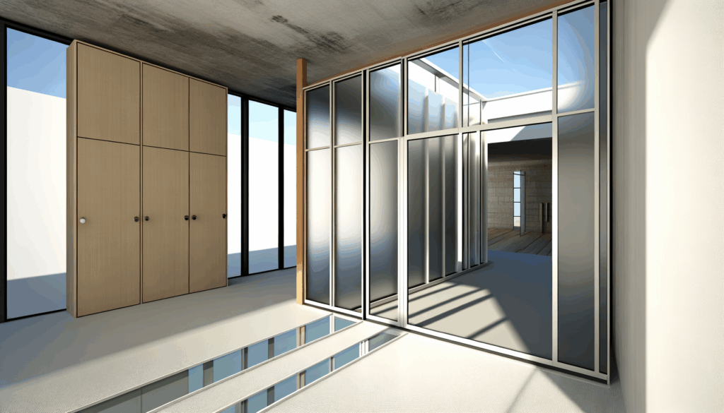 =Glass shower doors in modern bathroom with sleek design, natural lighting, and eco-friendly materials.