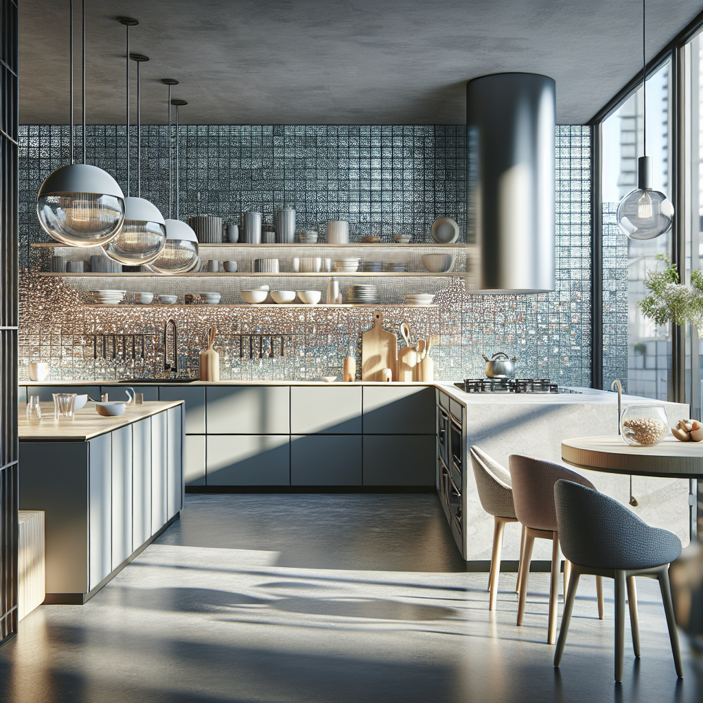 =Glass mosaic tile backsplash in modern kitchen.