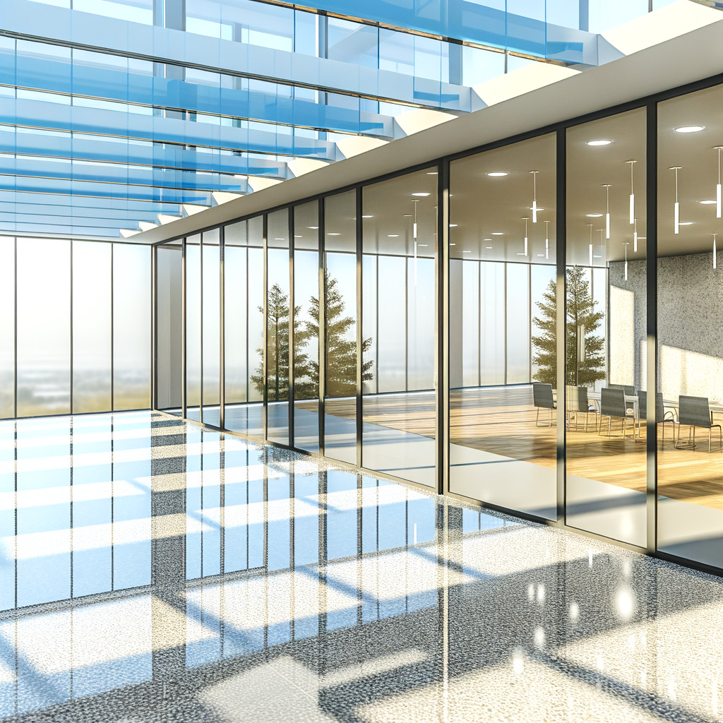 =image of a modern office with natural light coming in through large tempered glass windows