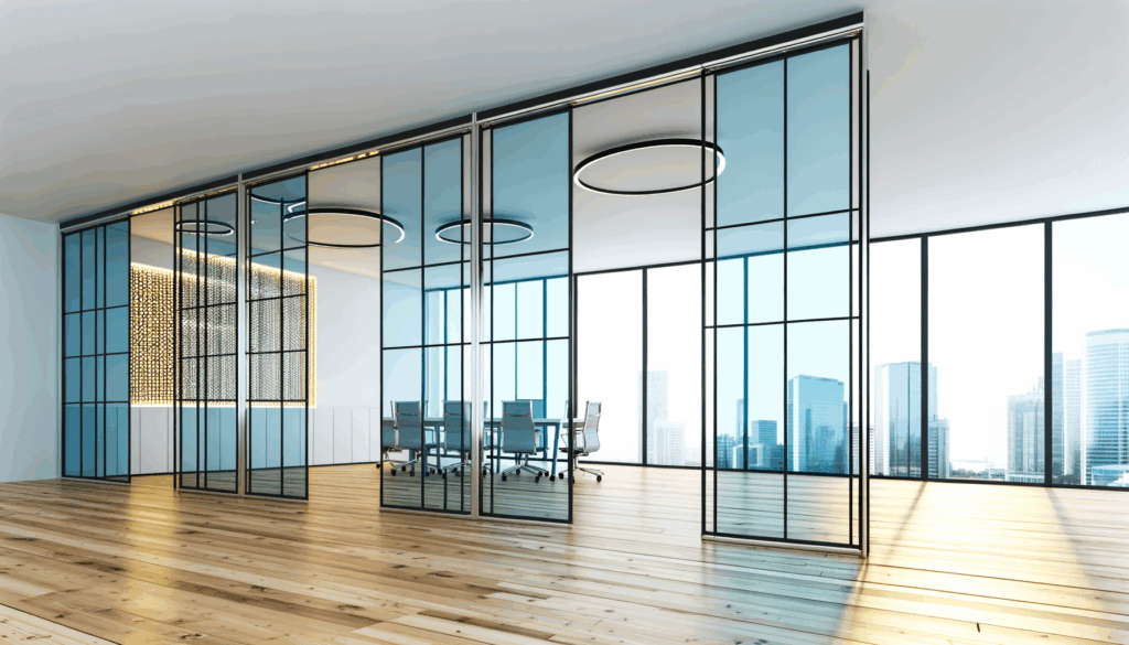 =Custom glass room dividers - clear and frosted glass panels with elegant designs, promoting natural light and open space.