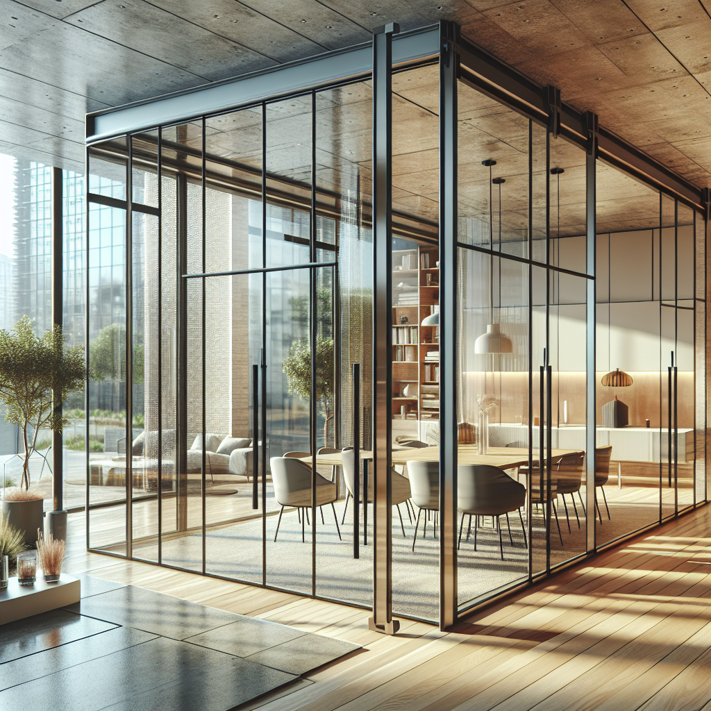 =Glass barn doors in modern interior space.