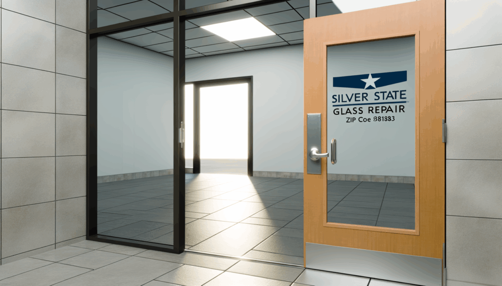 =Commercial door with glass and silver frame being repaired by Silver State Glass.