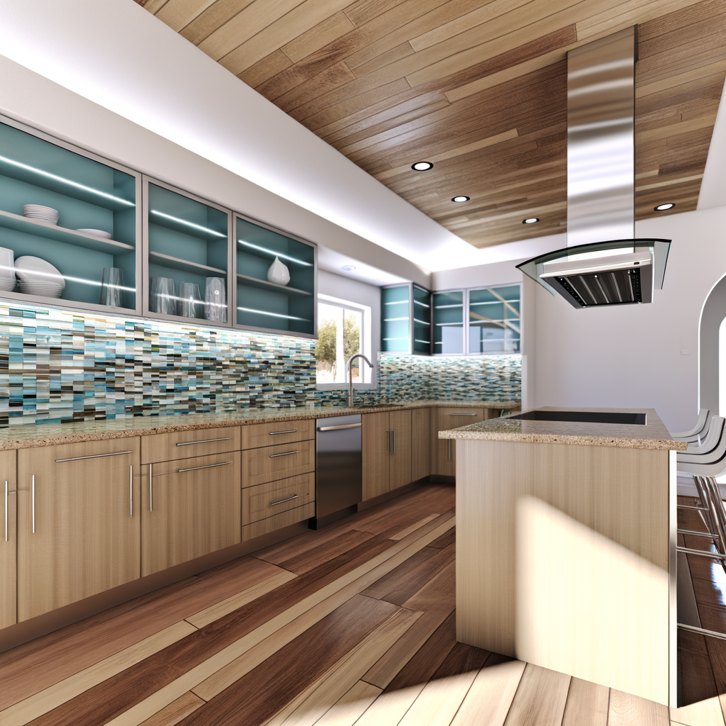 =Glass backsplash installation in a modern kitchen.