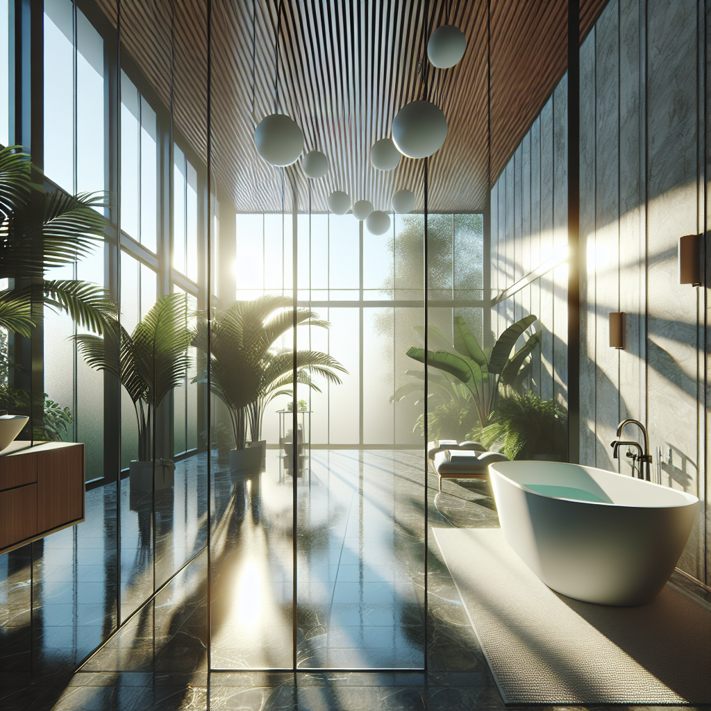 =Sleek glass bathtub enclosure in modern bathroom