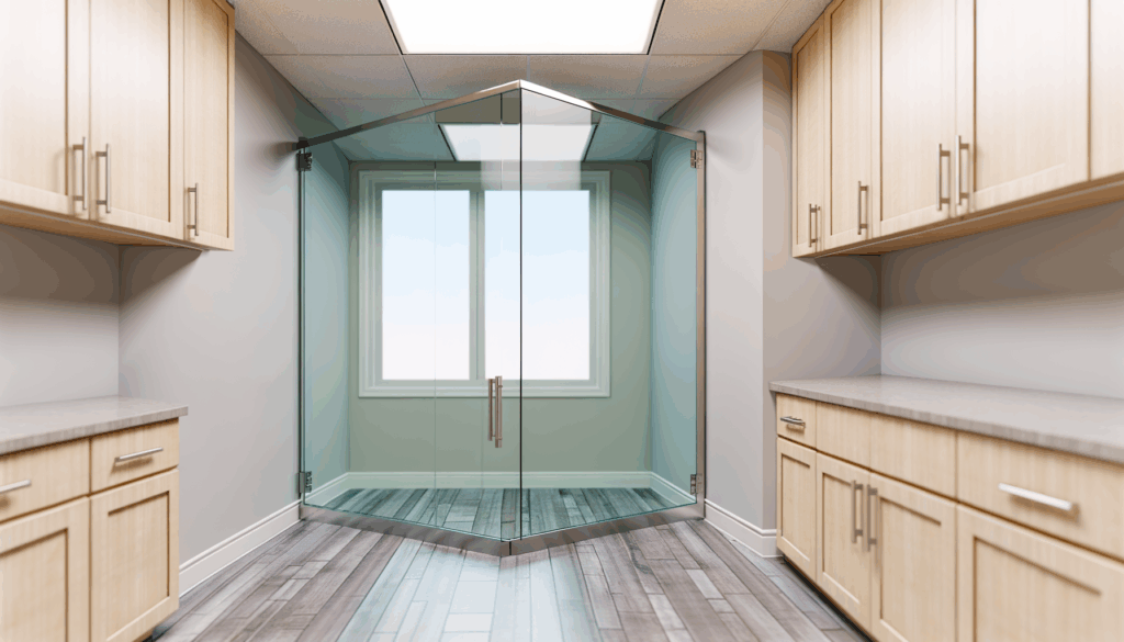 =Glass cabinet door replacement with cracked panels, new styles, and enhanced transparency benefits.
