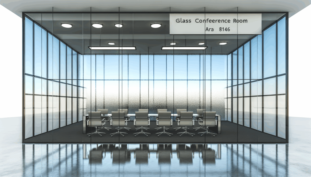 =Glass conference room with large windows allowing natural light, acoustic-ready glass for a serene atmosphere.