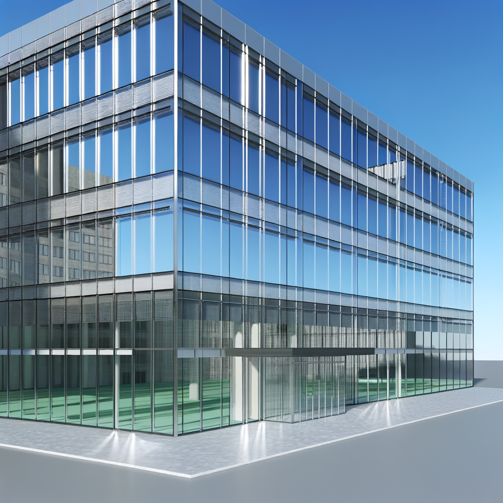 =Modern glass curtain wall on commercial building.