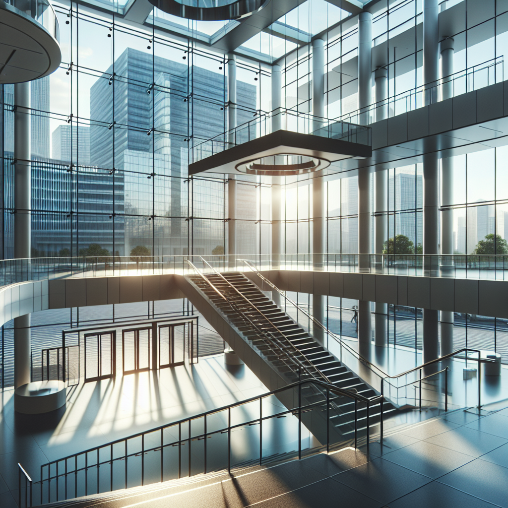 =Glass handrail installation in commercial building.