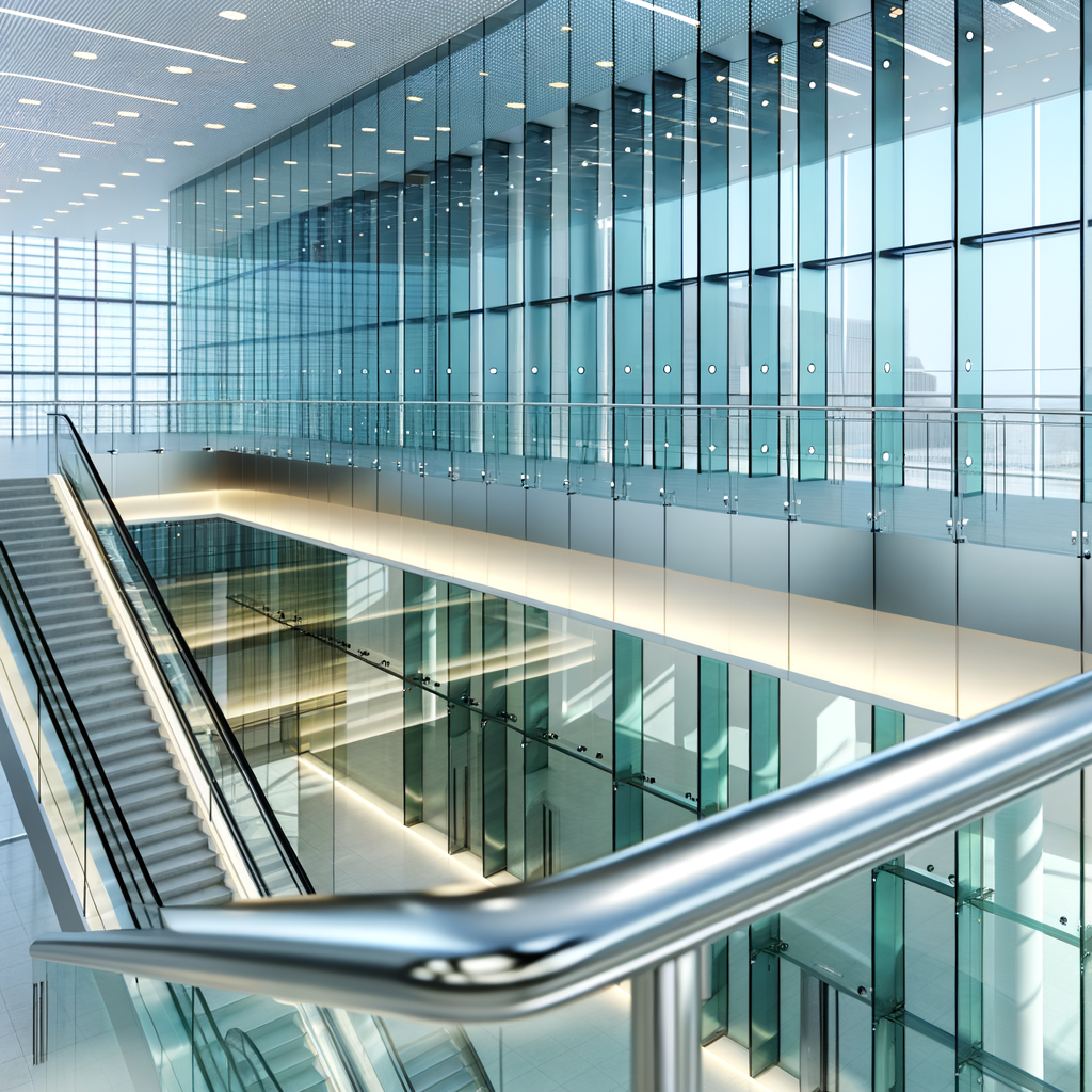 =Glass handrail installation using tempered glass for commercial buildings.