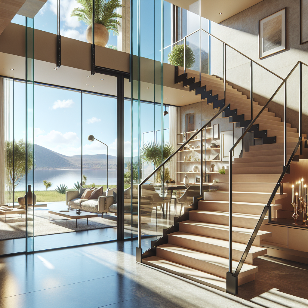 =Glass handrail installation with clear tempered glass panels for homes.