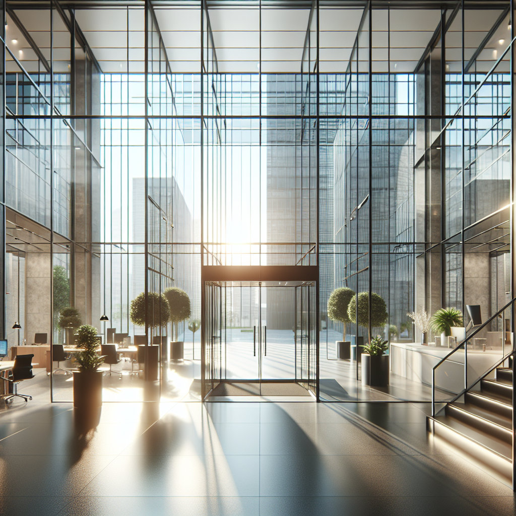=Glass office entryway with sleek modern look and security features.