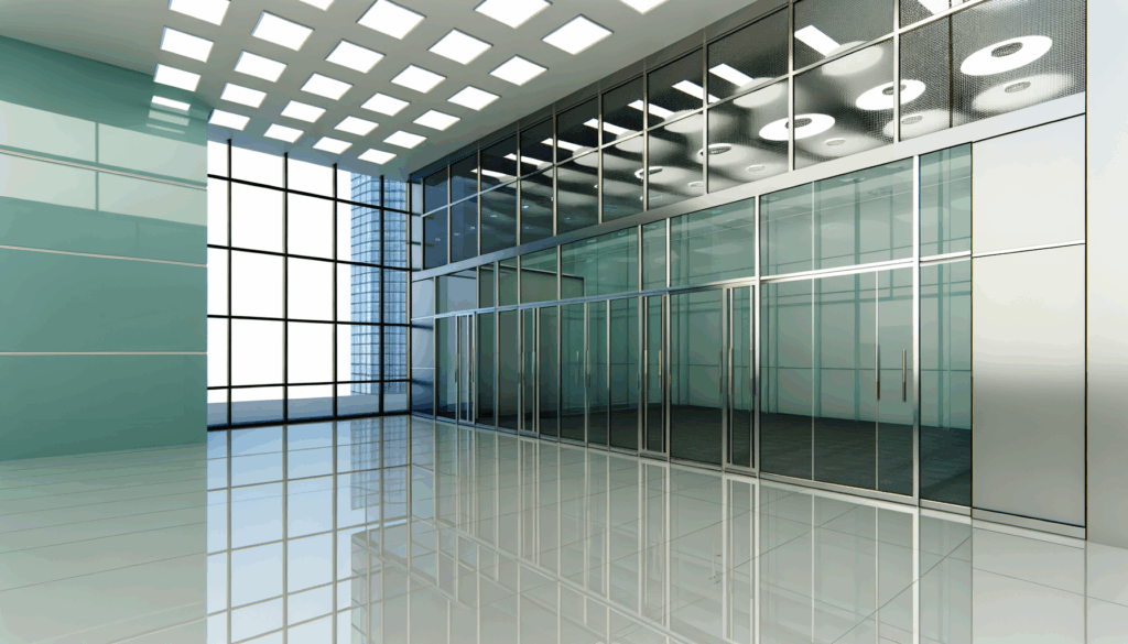 =Glass partition wall installation with natural light flow.