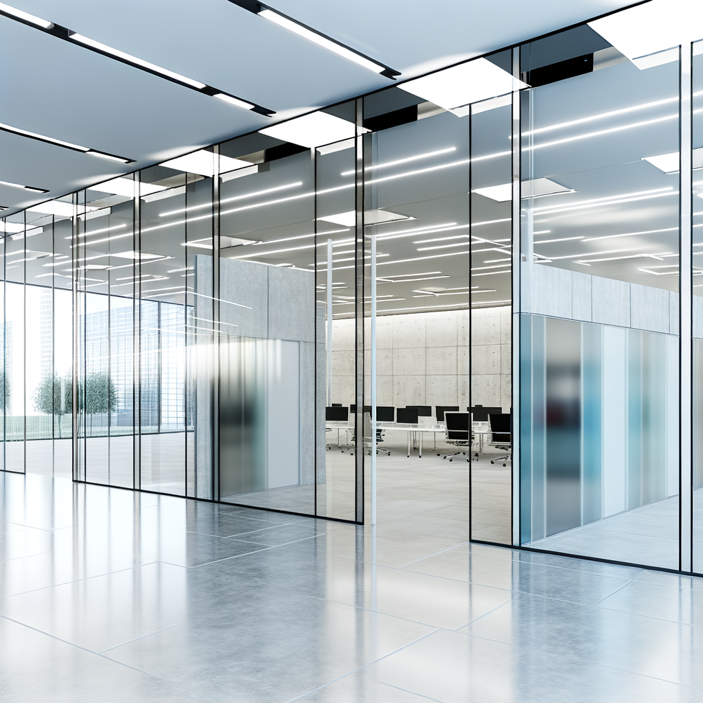 =Glass partition wall installation in offices with enhanced natural light, improved acoustics, and customizable options.